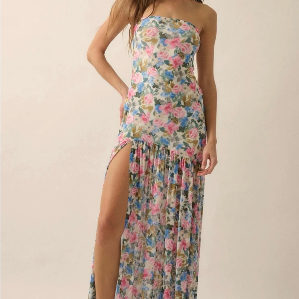 Promesa Fresh Petals Strapless Floral Mesh Maxi Dress size Large NWT